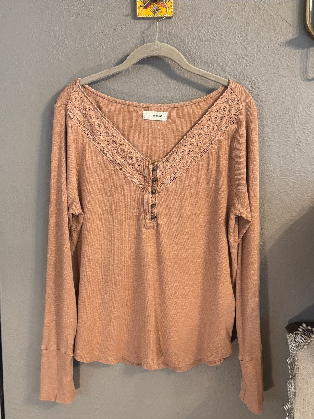 Lucky Brand XL Ribbed Knit Top Rust Brown Crochet Lace Henley Boho